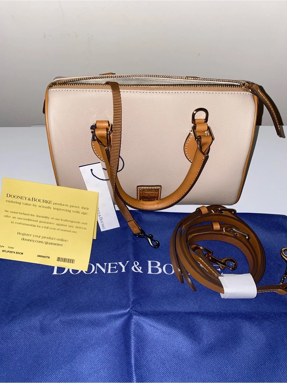 Dooney & Bourke Light Beige Satchel with Tan Trim Barrel 25